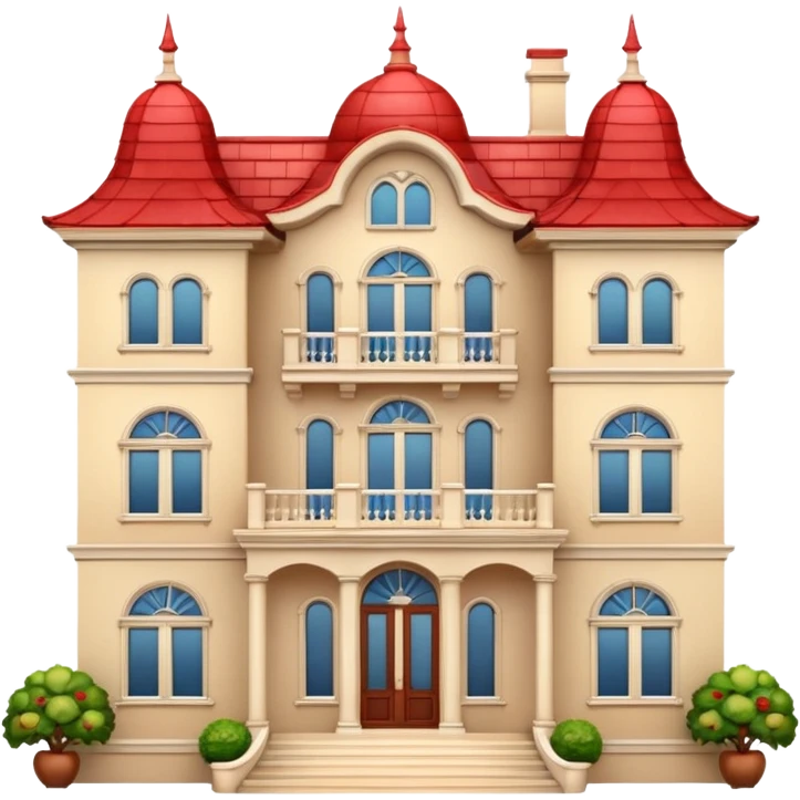 Apple-style 3D emoji of a large traditional mansion, with multiple windows, a big entrance door, red tiled roof, cream-colored walls, decorative balcony details, cartoonish but elegant design, no background. emoji