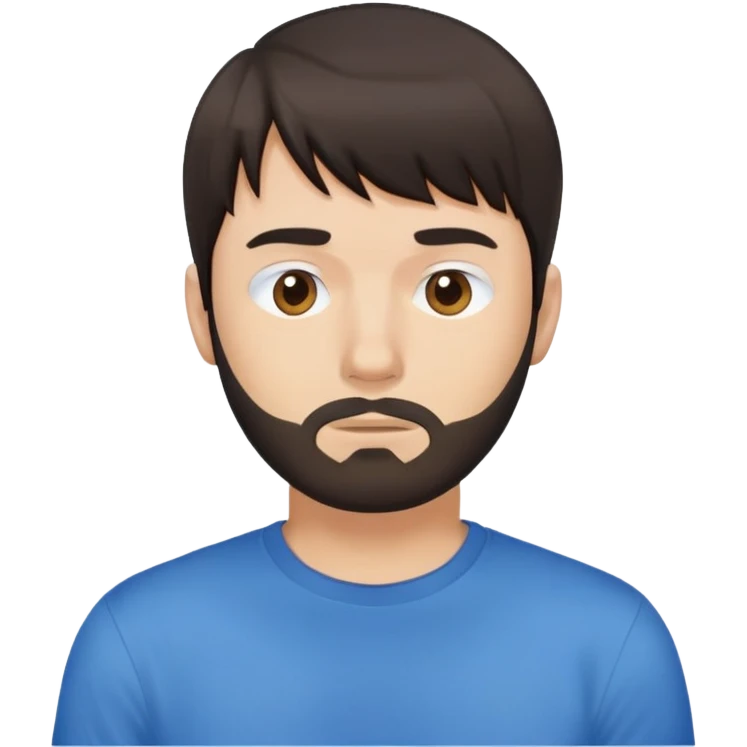 Man with dark brown straight hair and bangs, short beard covering whole face, neutral expression, basic blue t-shirt emoji