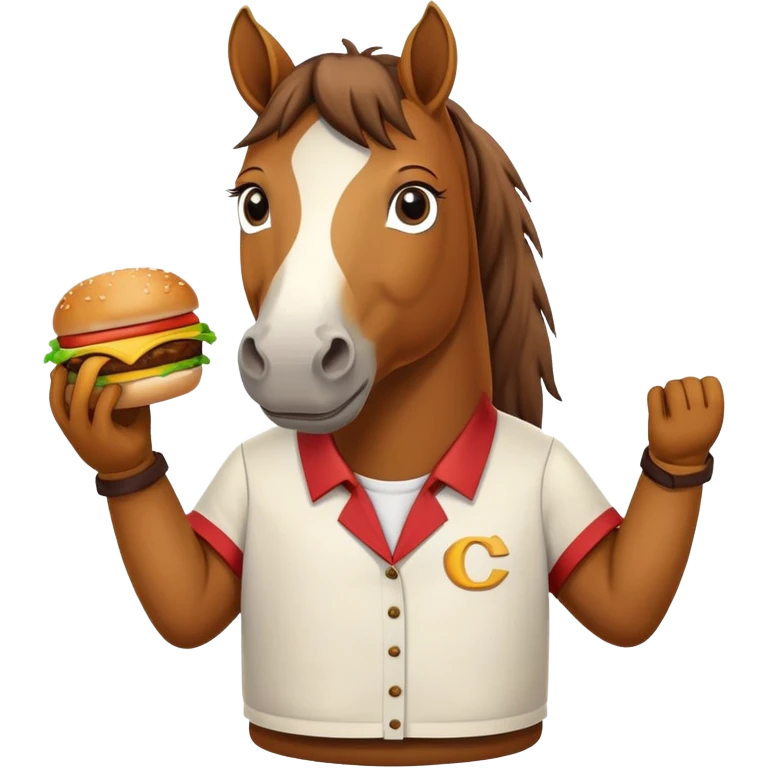 A horse holding a burger wearing a shirt that has a cc on it emoji