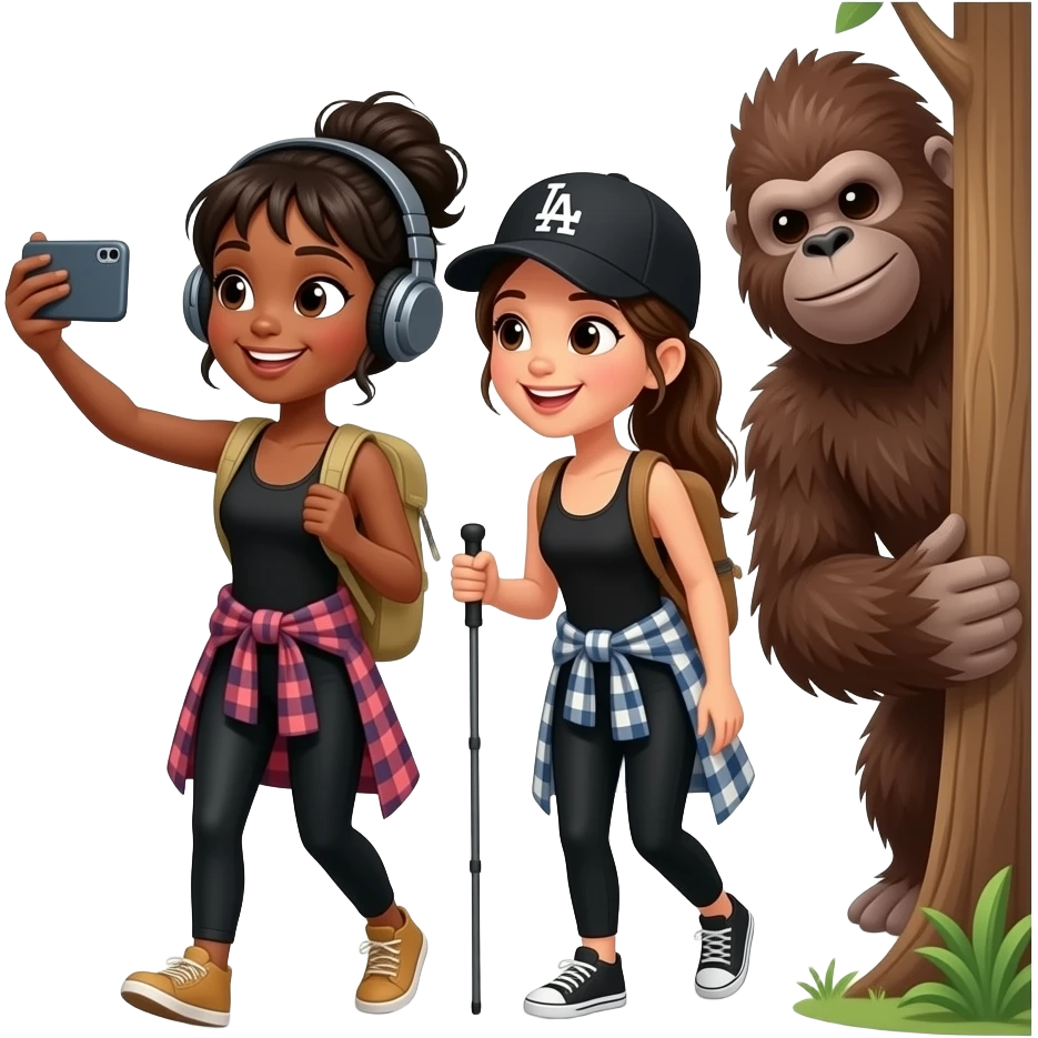 A black woman with bangs, a messy bun, headphones and a Hispanic Woman with dark blonde hair in a ponytail wearing a black LA hat hiking in the forest stop to take a selfie together with a smiling cute Bigfoot peaking behind a tree. Both wearing comfortable black leggings, tank tops and flannel emoji