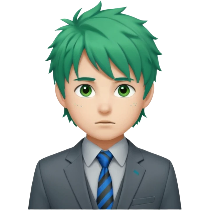 deku : boy anmie green hair green eyes in a ua gray jacket and blue tie suit with frenkles messy hair and black on the bangs emoji