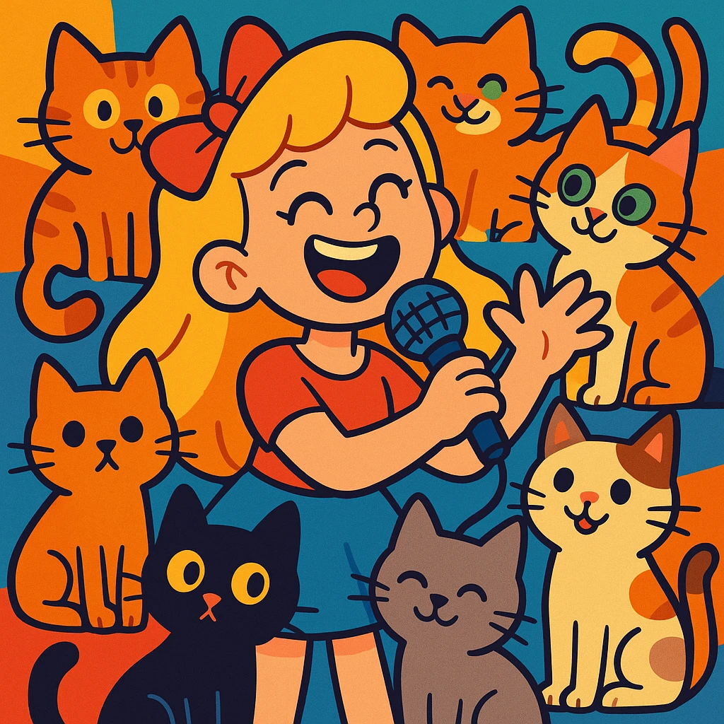 a cheerful blonde girl with many cats and a microphone, cartoon style, vibrant and colorful emoji