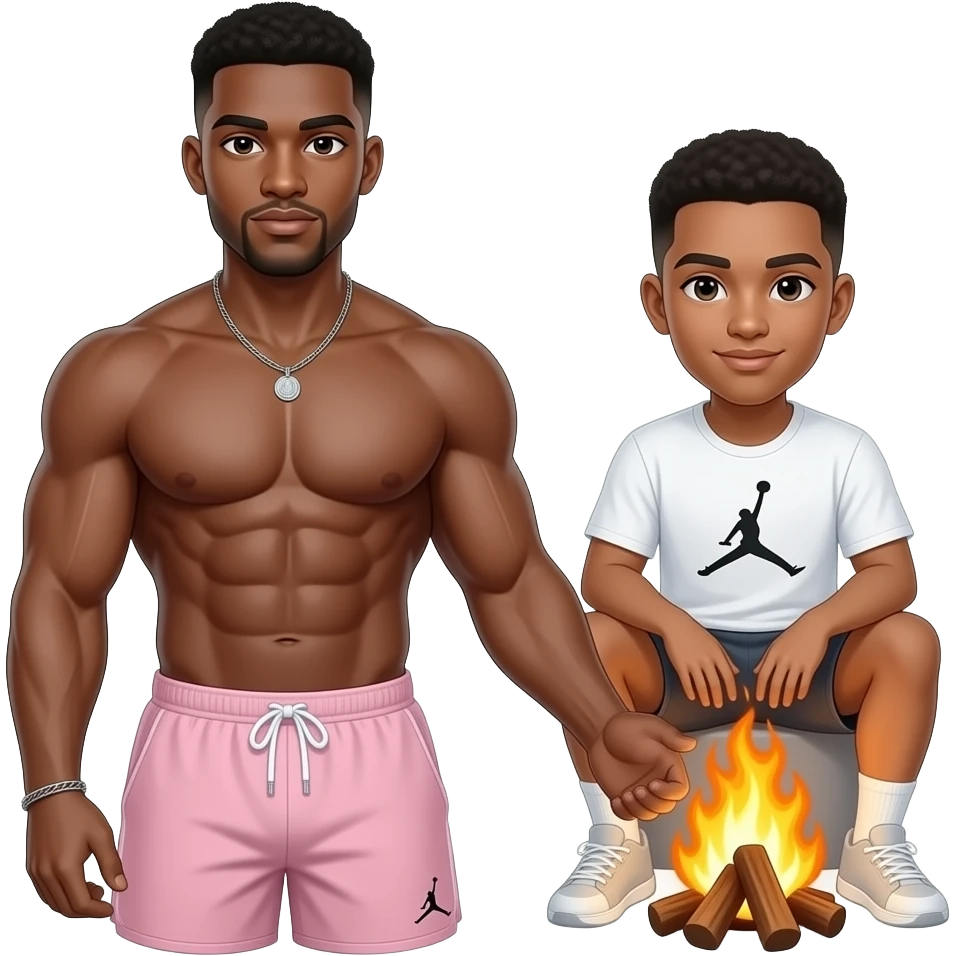 make a black skinned 20 year old man with a low taper fade with abs and big muscles in light pink jordan shorts and the jordan guy is white sitting at a fire and show the fire emoji