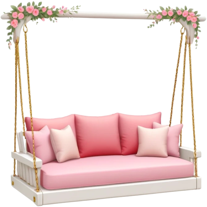 Romantic white wooden pastel-red-pink cushions couch-swing with tiny gold flowers around emoji