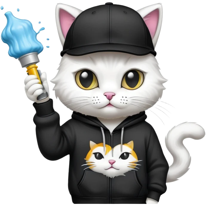 cat wearing a black snapback cap and black hoodie doing graffiti art with spray paint, street art style emoji