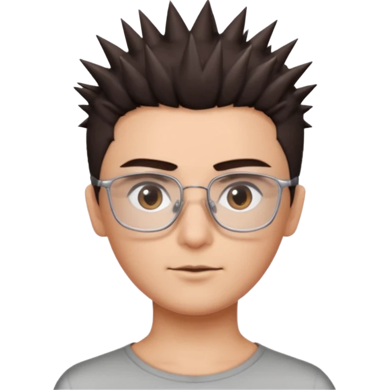 personagem com corte de cabelo espetadinho curto indo até o pescoço, cabelo castanho escuro, olho castanho escuro, sombrancelha castanho escuro, óculos sem aro prata quadrado. rosto fino emoji