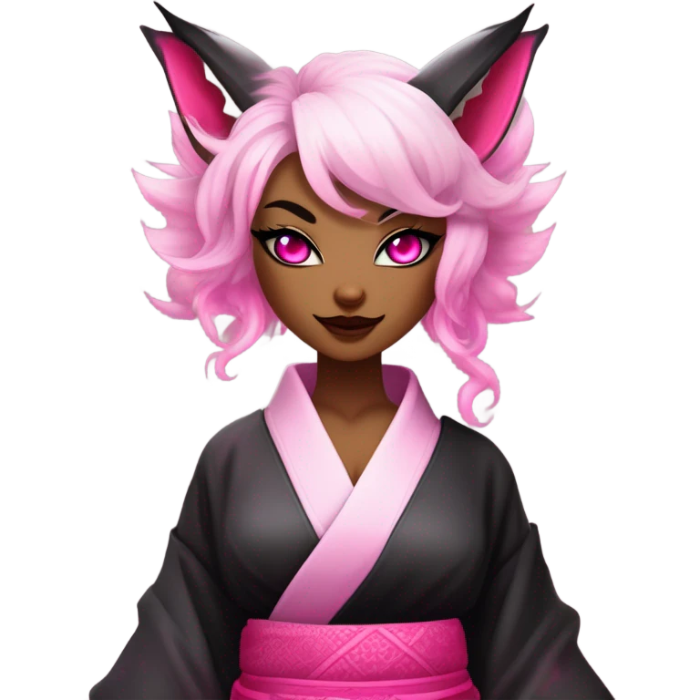 female, succubus kitsune, neon pink eyes, vibrant pink hair, alabaster skin, voluptuous, athletic, fluffy black tails, pink tail tips, spiked choker, unique heritage, seductive charm, rebellious spirit, traditional kimonos, full body  emoji