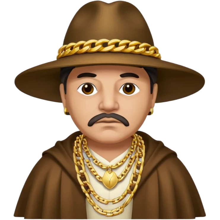 "Emoji of a Colombian mafia boss, dressed in a traditional ruana and hat, with a big gold chain, looking wealthy and intimidating." emoji