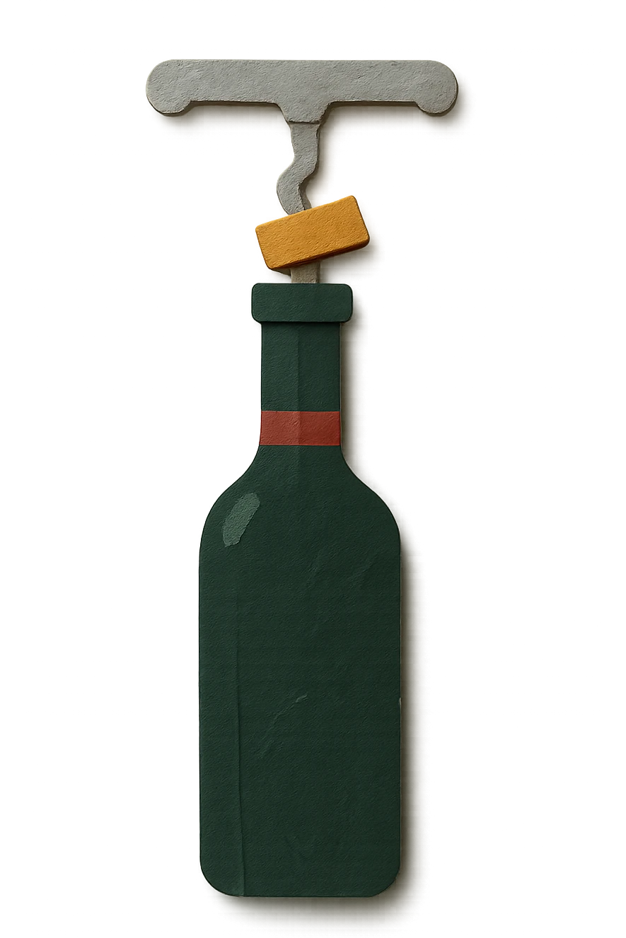 steel wine opening step 4: completely removing cork, realistic dark green wine bottle color, no background emoji