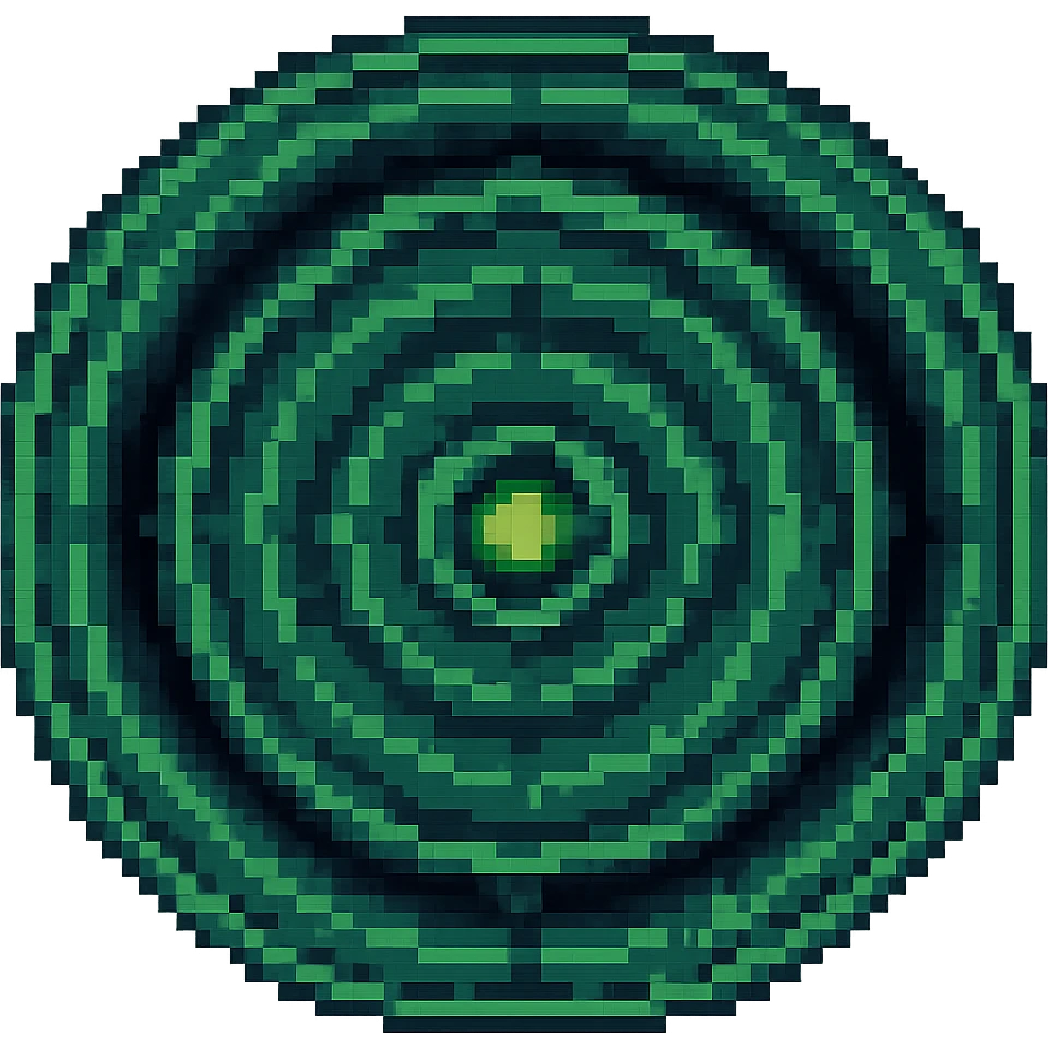 A target with navy rings and a vibrant green bullseye, with a border, pixel art style emoji