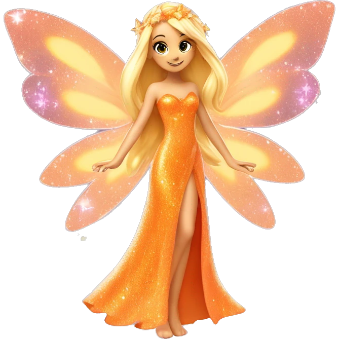 Stella adult latina fairy of nature in her enchantix fairy orange clothing and fairy enchantix wings and long blonde hair from winx club. Small eyes, Lots of sparkles and fairydust. Full body and full fairy bliss emoji