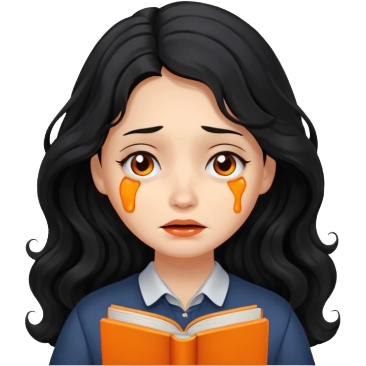 Long Hair Women with orrange Book, Black wavy hair, sad, crying

 emoji