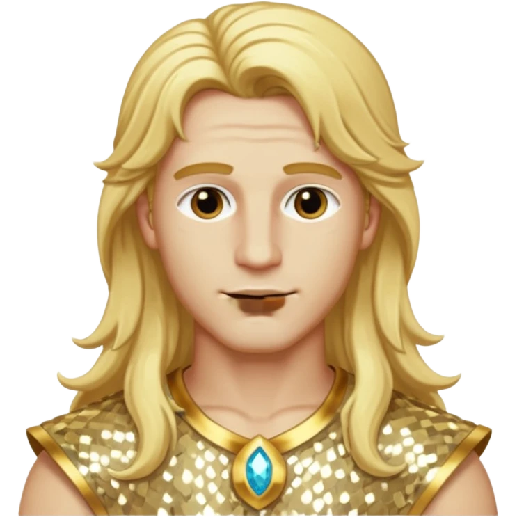 Adonis, God of Beauty with long golden blonde hair, cream sequin outfit emoji