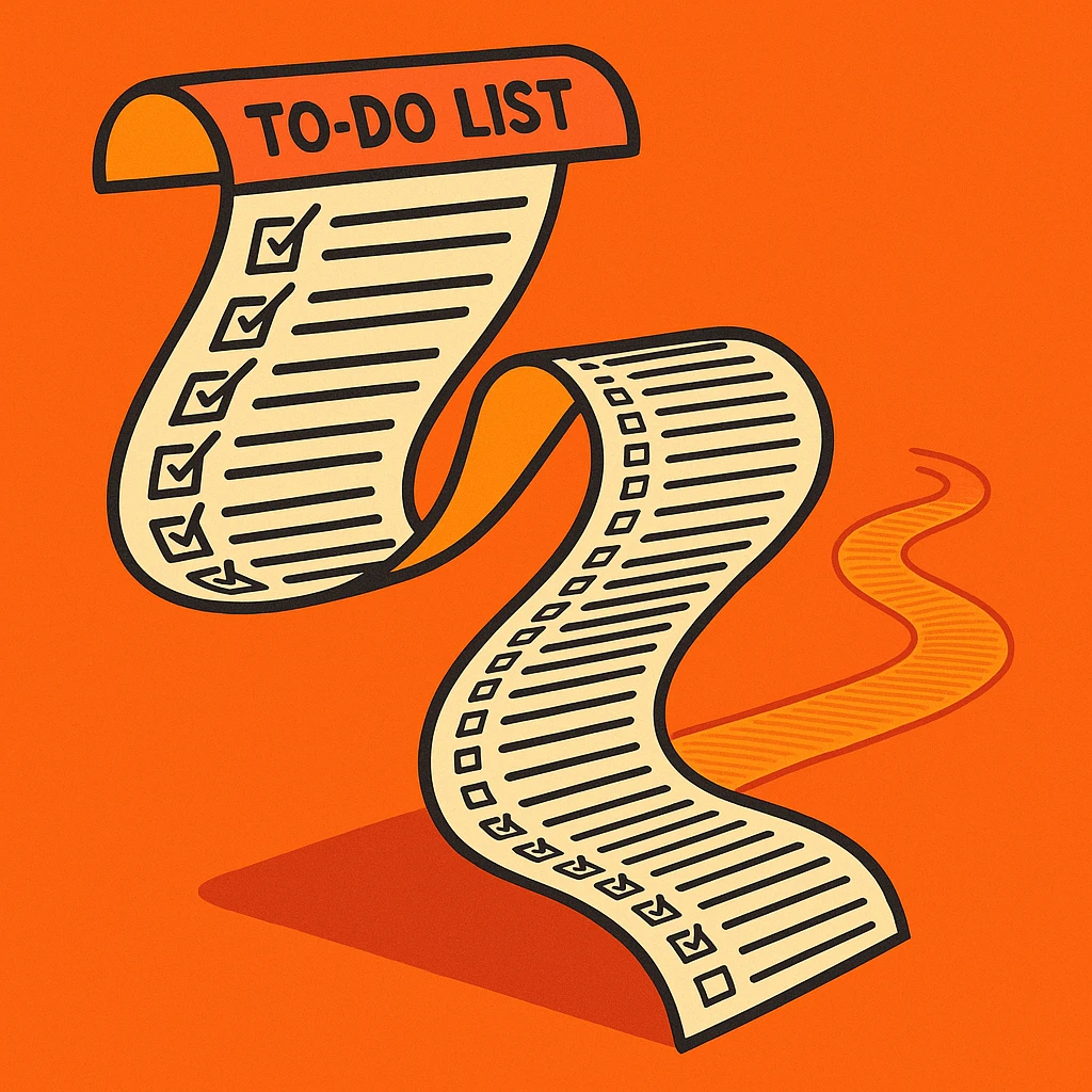a to-do list paper that is extremely long, curling up and down like a snake, filled with many tiny checkboxes, fading into the distance to look never-ending emoji