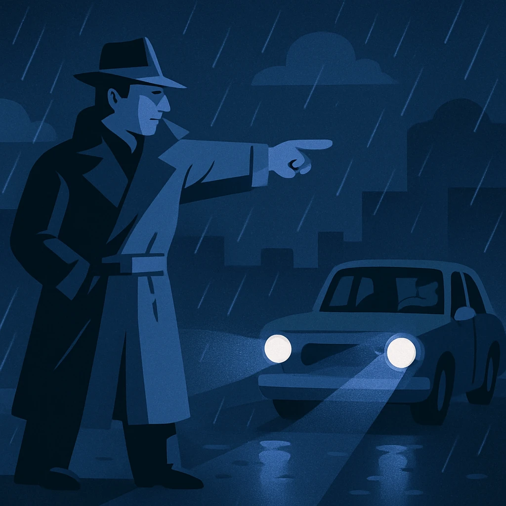 mafia man in trench coat directing car during rainy night emoji