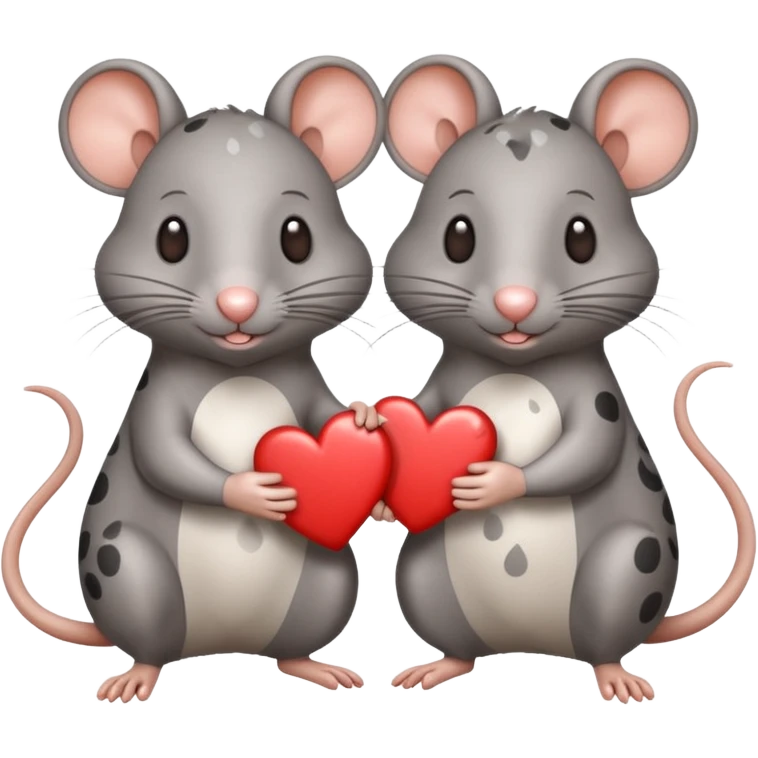 two fat little rats holding hearts one grey with white spots one warm brown emoji