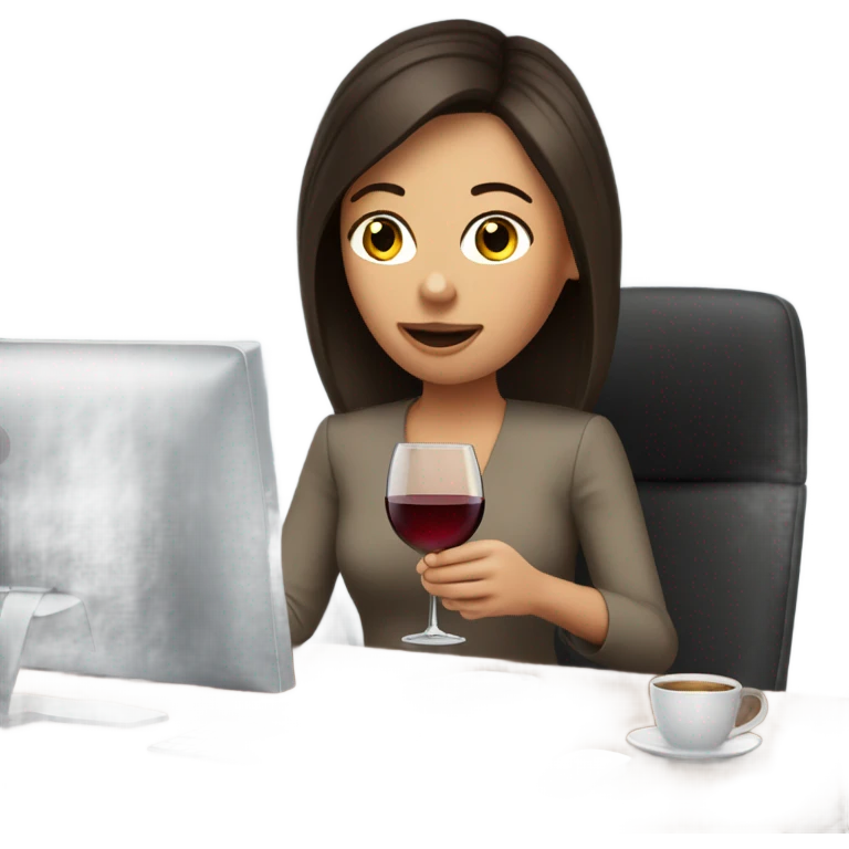 Cute office working brunette drinking wine while at computer emoji