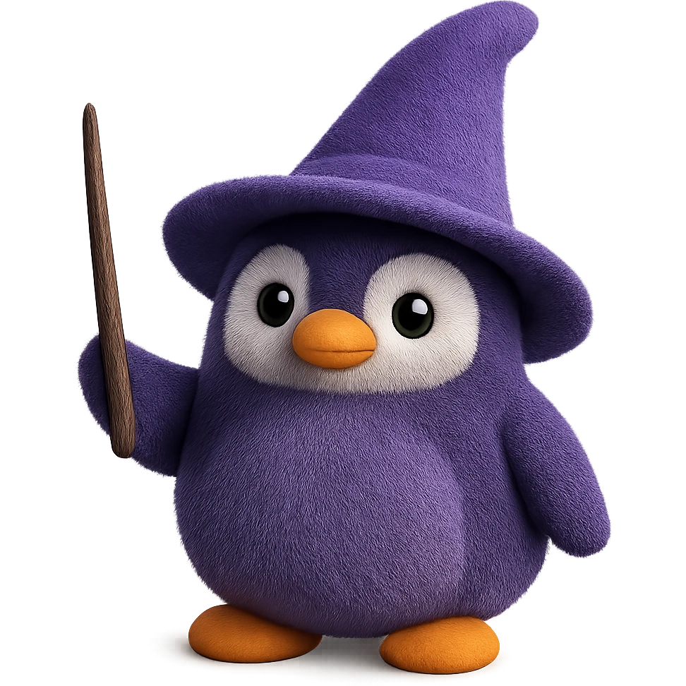 A penguin wizard with a tall pointed wizard hat, holding a magic wand. The penguin has a round plush body, friendly eyes, and a soft texture. emoji
