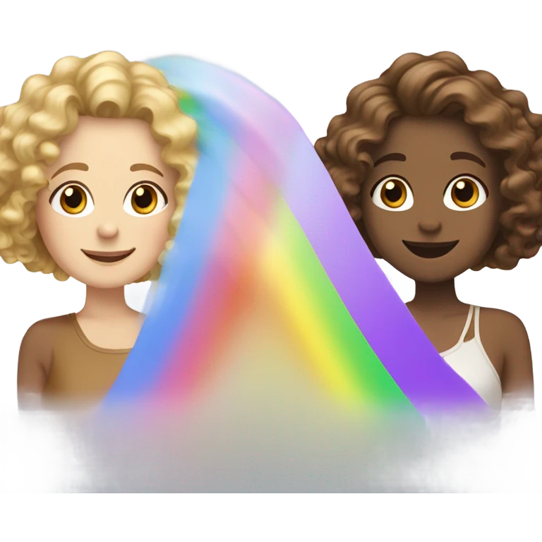 Two women best friends, one with curly blond-ish hair the second one with wacy brown hair, sliding down a rainbow emoji