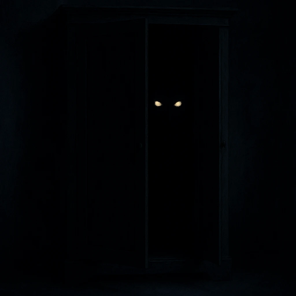 boogeyman's eyes peering from inside a dark wardrobe, only the glowing eyes visible, mysterious and spooky atmosphere emoji