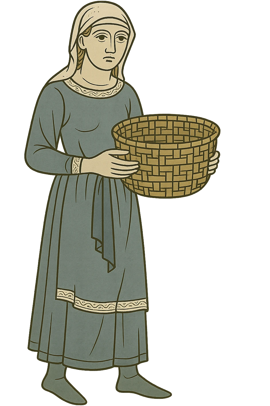 Remove the background, keep only the medieval peasant woman with basket with transparent background. emoji