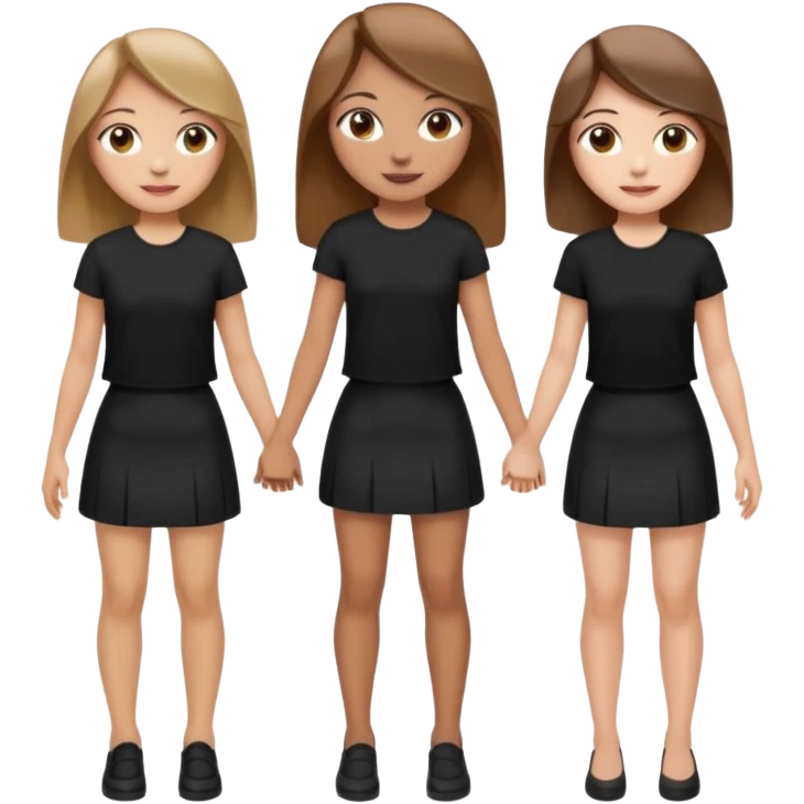 emoji of a girl with long, straight light brown hair, fair skin, soft brown eyes. Wearing a stylish black top and mini skirt. Full-height, standing confidently with shoulders back, head up, smiling proudly. Surrounded by 3 women next to her, holding hands. women have different eye color emoji