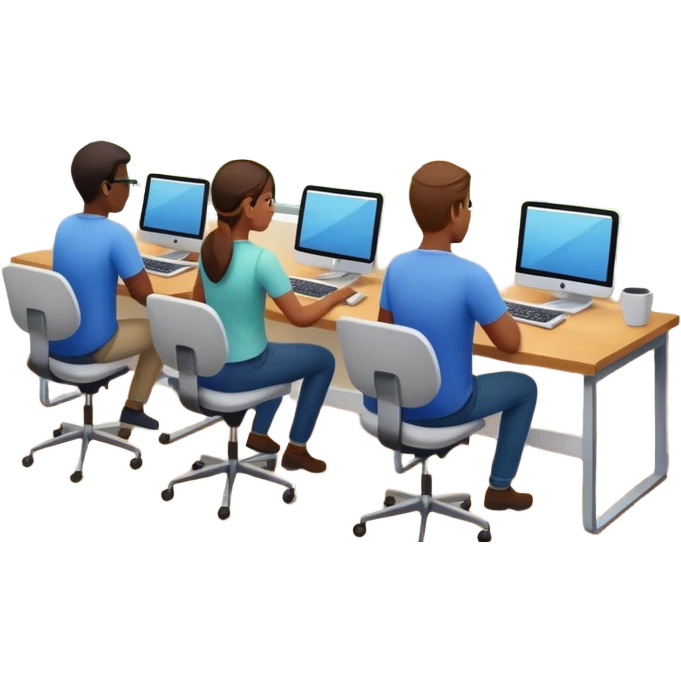 Employees of a startup company working on their computers while looking out the window at the rural landscape.w emoji