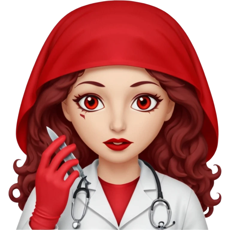 Lilith scalpel in hand, evil surgeon sexy surgeon clothes.  She has red eyes. She has dark brown long curly hair. Wears sexy doctor outfit with red gloves. Covers mouth neck and nose with red burka to hide her identity emoji