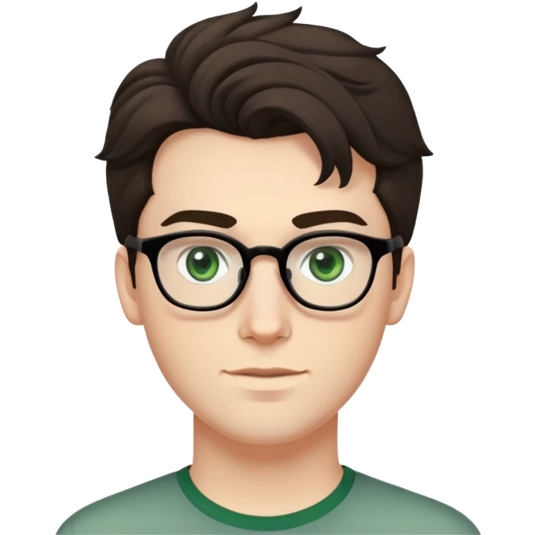 young man with pale skin, larger face, dark tall voluminous slightly wavy hair styled up high on head but not curly, wearing glasses with green eyes and very light stubble, with a slight smile emoji