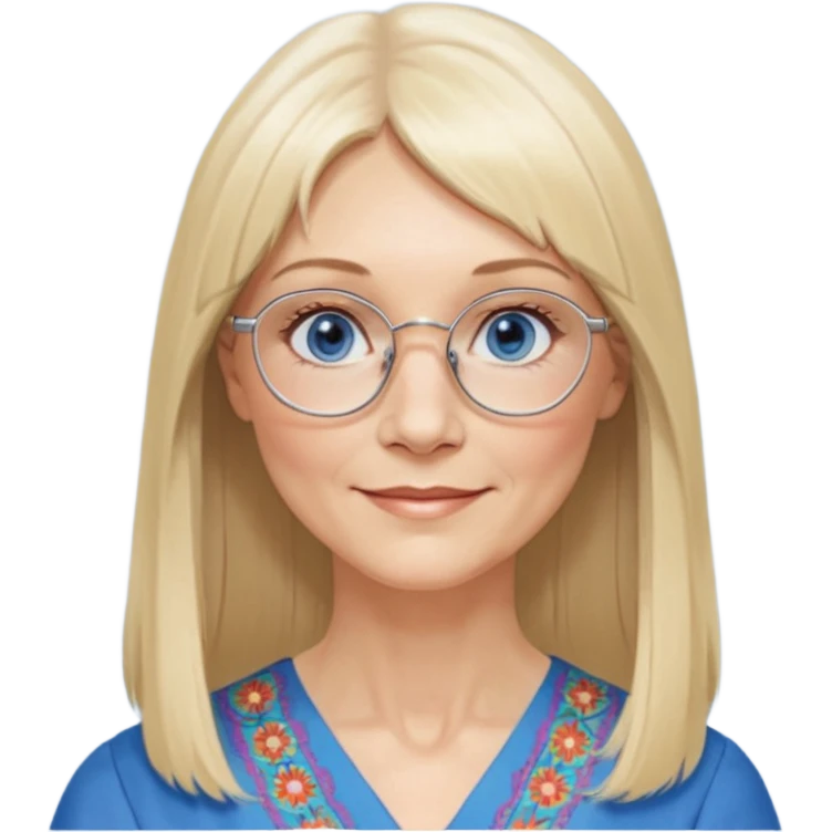 50 yr old white woman, hippie parted very long hair, short bangs, very long straight blond hair, oval face, small smile, blue eyes, thin face, hair downback, hair parted at center of head, round cheeks, pale, longer hair, business dress, long hair, big square glasses, long hair emoji