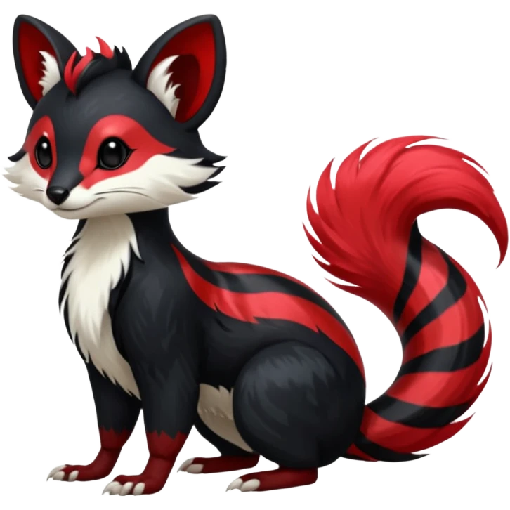 Feral Rare Fantasy shiny soft fuzzy furry vibrant tropical obsidian-black and crimson-red Vernid-Trico-species-creature by LiLaiRa, random markings, tufted tail, tufted ears, full body with markings with white skunk-tail-stripes emoji
