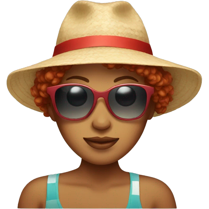 Woman with red hair, sunglasses, and a beach hat emoji