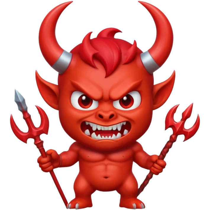 cute 3D red devil emoji, muscular cartoon devil, glossy skin, big curved horns, angry cute face, sharp teeth, holding trident, emoji style, soft lighting, smooth texture, clean background, high quality, digital art emoji