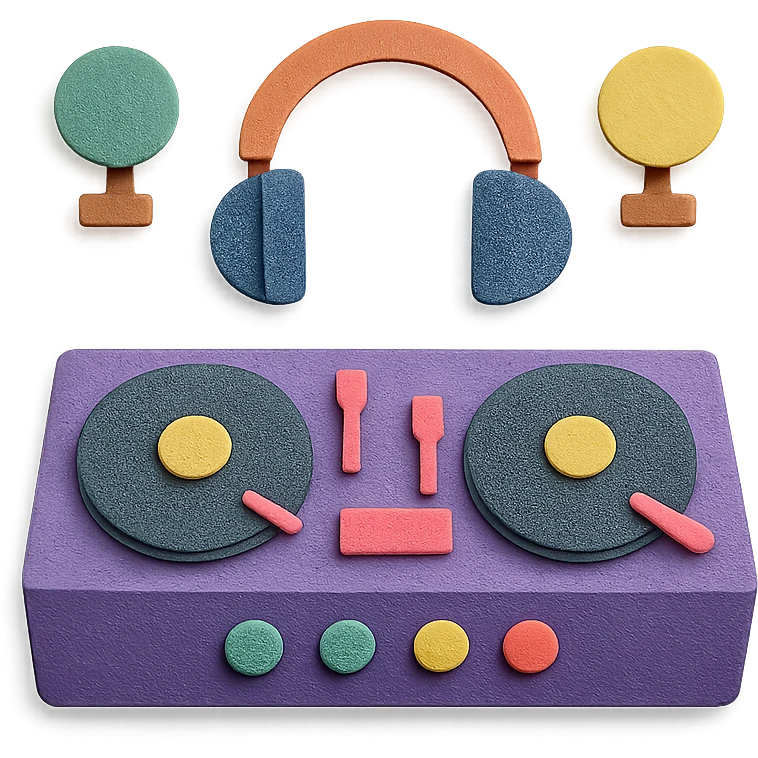 DJ booth with records, headphones, and lights, playful colors emoji