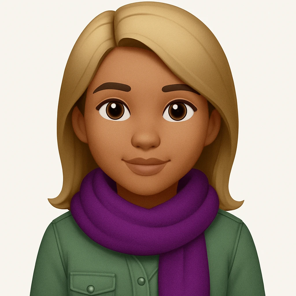 Edit the image of a girl with wheatish complexion, light green shirt, and jeans to change the scarf color to purple. Keep the rest of the image the same. The original style is emoji style, so maintain a simple and clean emoji-like appearance. emoji
