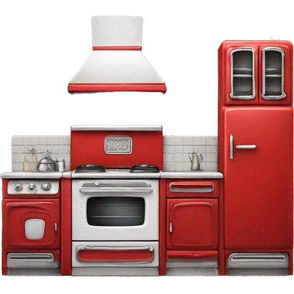 Isolated full length Realistic red vintage retro kitchen range with cabinets and counters emoji