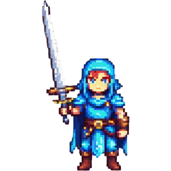 Aether from Genshin Impact in pixel art style, standing with sword emoji
