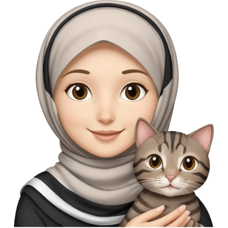 White girl wearing hijab smiling while holding a black grey brown stripes tabby cat emoji