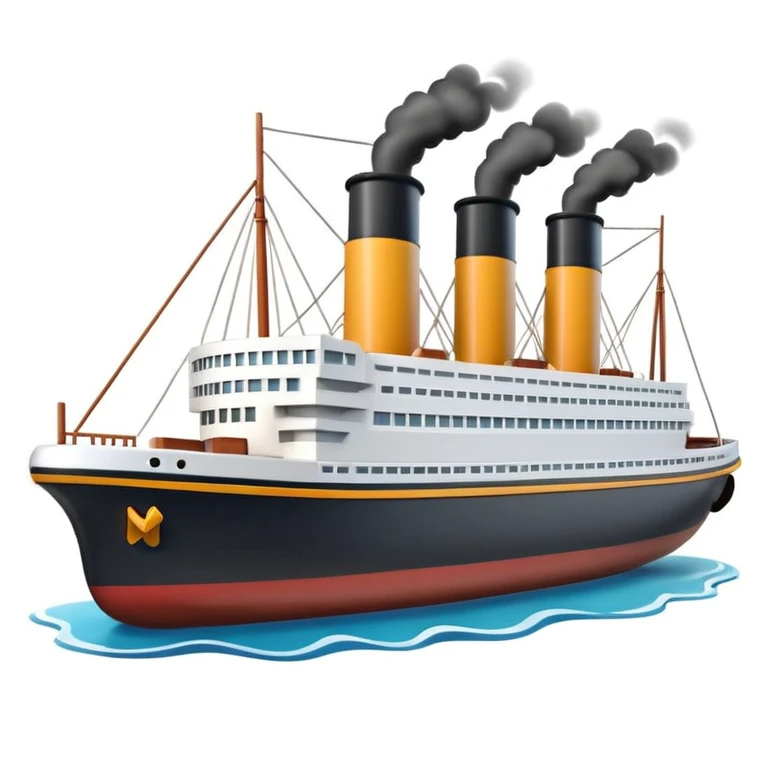 miniature 3D Titanic ship emoji in Apple style, small and compact with smooth glossy surface, bright clean colors, simplified but recognizable details like smokestacks and windows, no facial features, floating on calm ocean, soft shadows, high-quality render, isolated on white background emoji