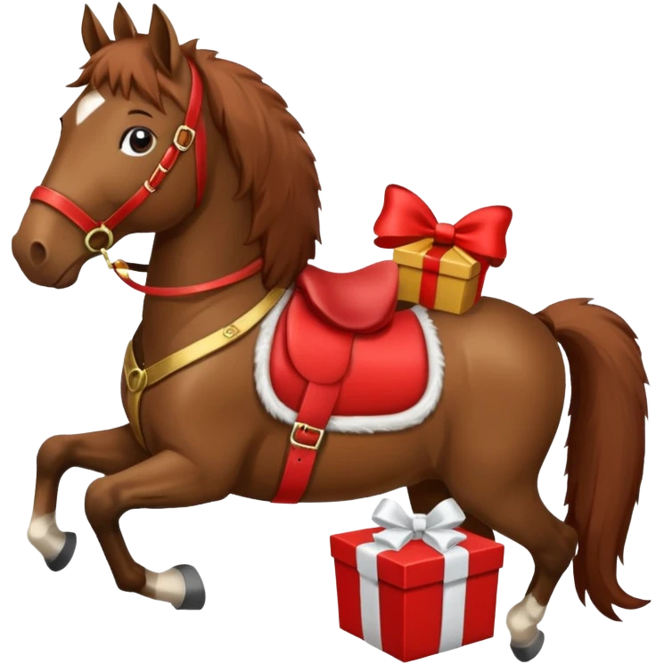 a New Year's horse with a red saddle, which has a red gift box with a white bow on the saddle emoji