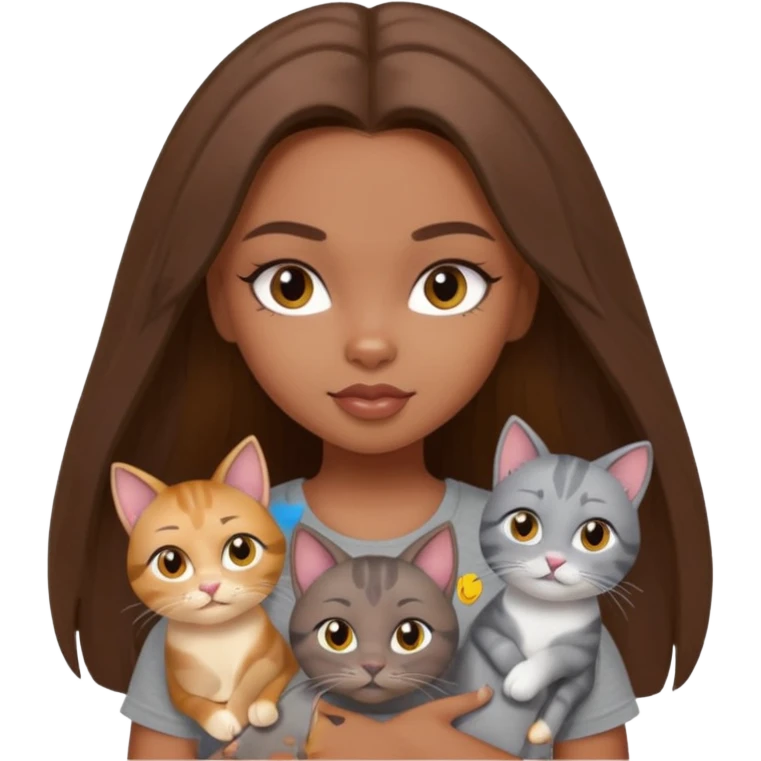 a pretty bratz dusky girl with long brown hair with four cats nd wearing a grey tshirt emoji