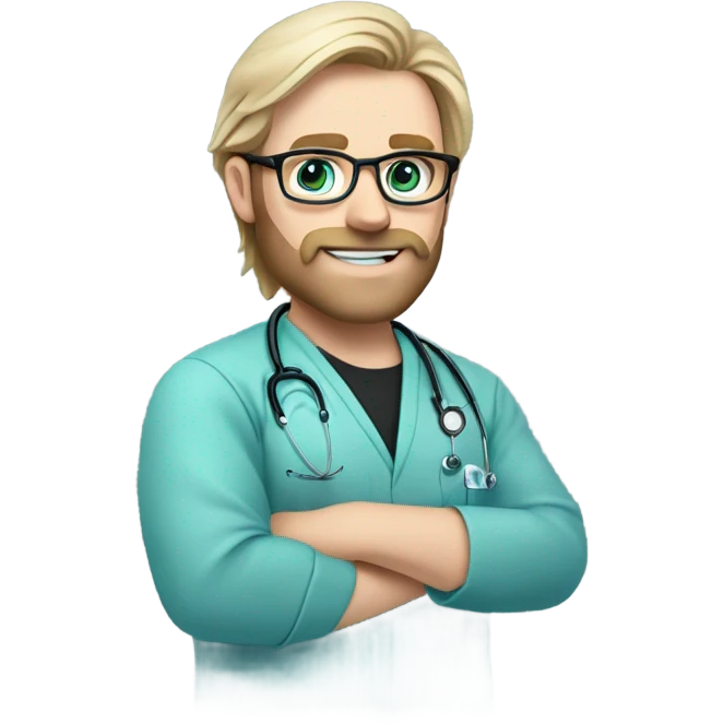 male blond doctor with grey beard with blue-green eyes and wire glasses in black scrubs holding a paintbrush emoji