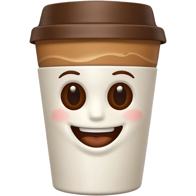 one all white coffee take away cup with coffee, no lid,  and a small brown smiling mouth in the middle front. No eyes, no cheeks, no nose, only a small smiling mouth emoji