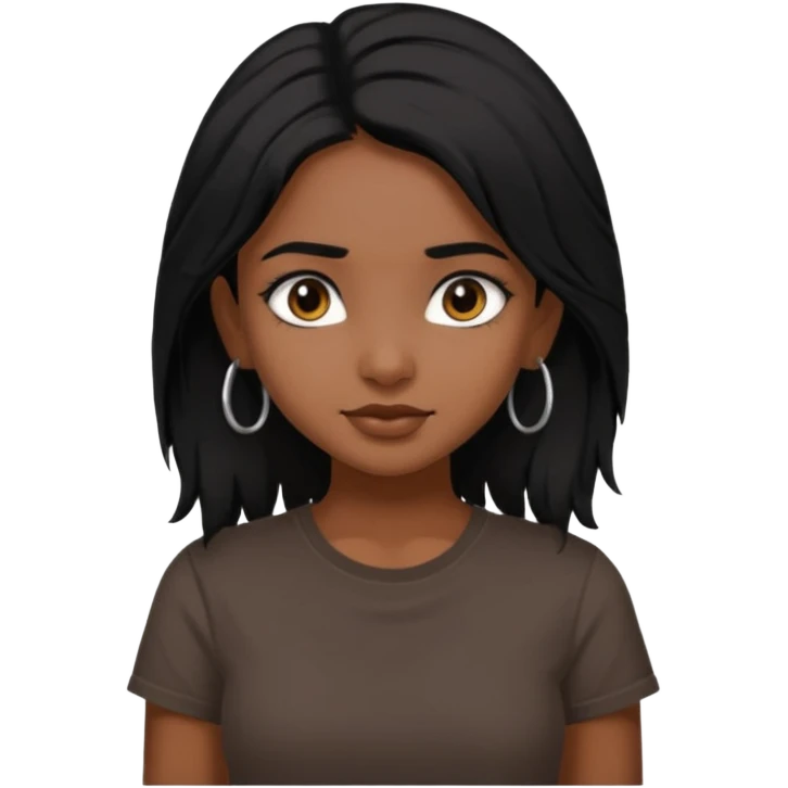 a pretty dark  indian bratz girl with messy dark black hair, wearing a black tee. emoji