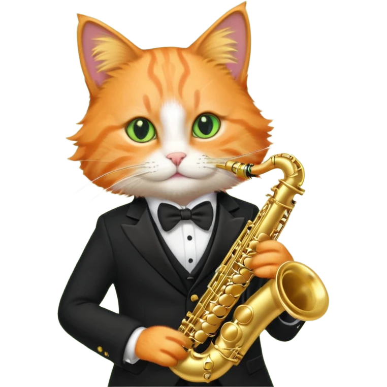 orange cat play gold saxophone, wear black suit emoji