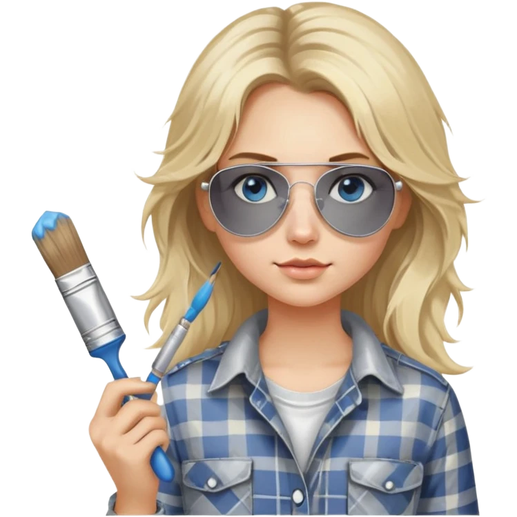 girl with long blond messy hair, wearing grey plaid shirt with blue eyes and aviator sunglasses wearing a ring on her silver necklace, holding a paint brush roller with a small bit of white paint on her face emoji