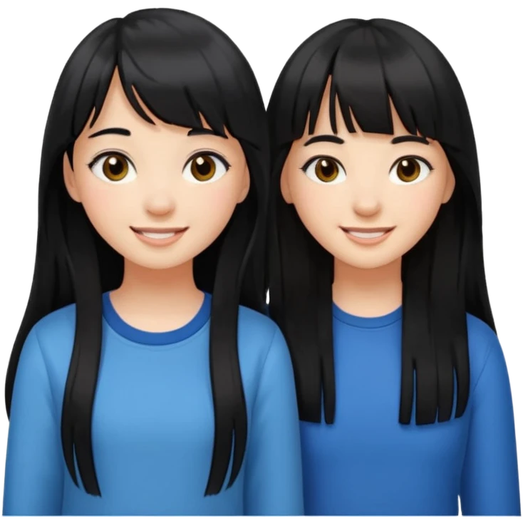 two teenage girls with long black hair, one with bangs, one with prominent lashes, smiling emoji