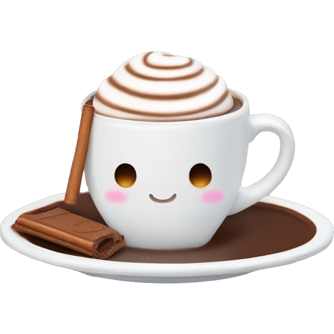 hot chocolate with a cinnamonoroll on the plate and ą marshmallow inside the cup emoji