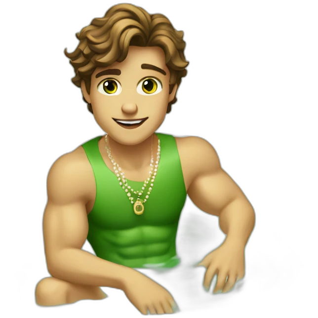 Posh-muscle-boy-brown-hair-green-eyes-pearl-necklace-in-golden-bathtub emoji