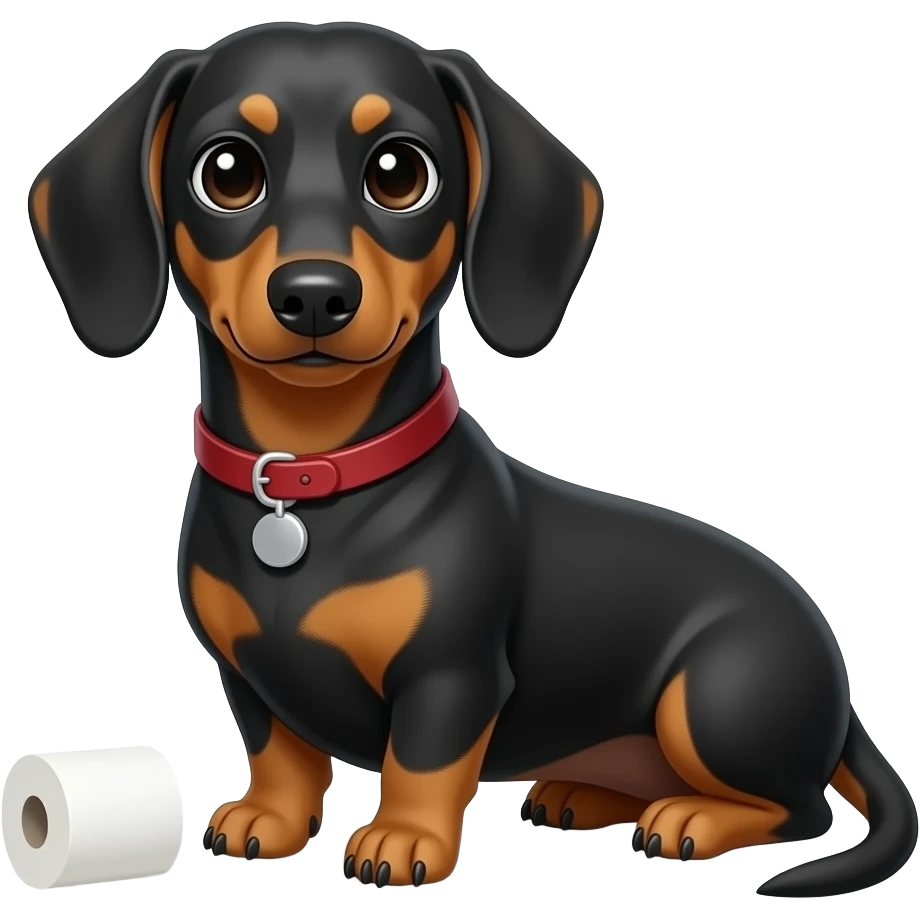 whimsical dachshund wide eyes full body sitting on a toilet paper emoji